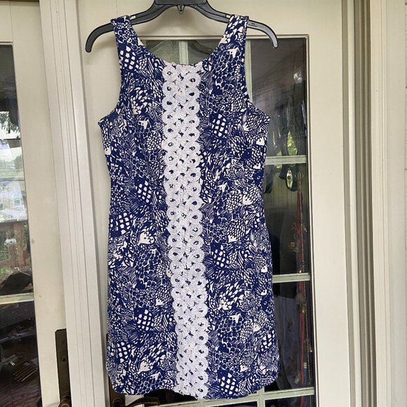 Lilly Pulitzer For Target Blue White Upstream Fish Shift Dress Sz 8 READ - Picture 1 of 9
